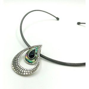 Vintage necklace hard wire chain teardrop pendant abalone finish 10" length by L